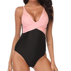 B2prity One Piece Swimsuit Front Cross Black and Pink